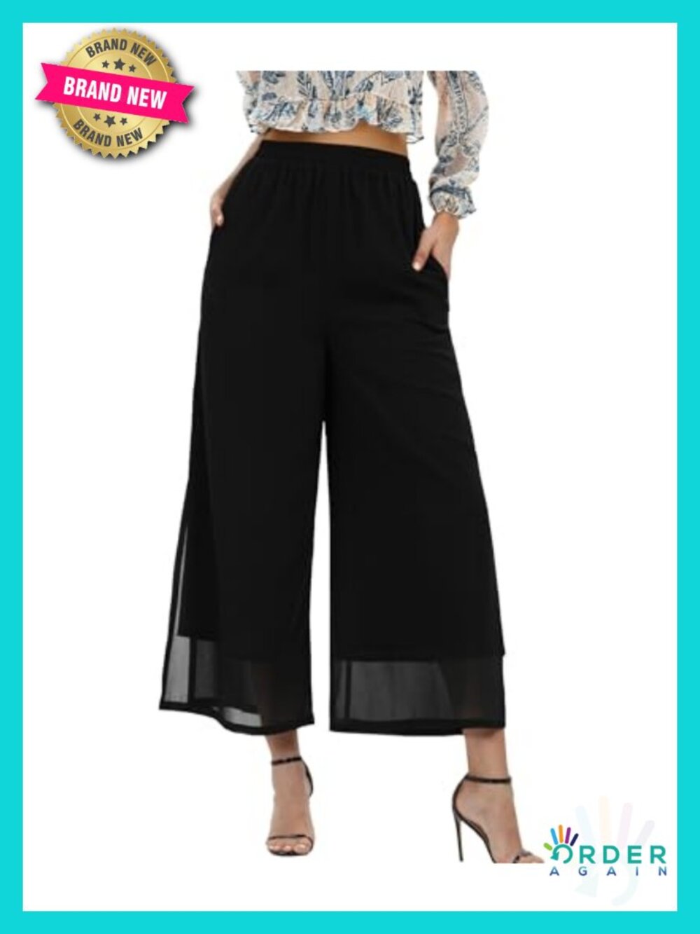 Wide Leg Palazzo Pants with Side Slits - Chiffon Elastic Waist